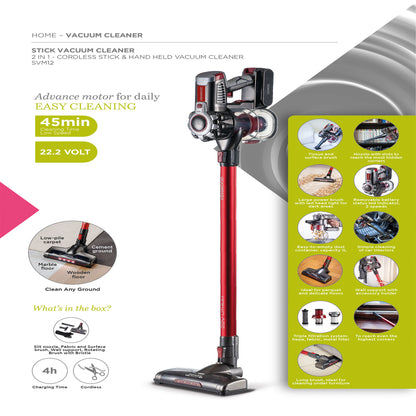KENWOOD Cordless Vacuum Cleaner 2-in-1 Upright Stick Vacuum Cleaner + Handheld Vacuum Cleaner with 22.2V Li-ion Battery, 160W Suction Power, 45 Minutes Run Time for Multi Surface SVM12.000RD Red