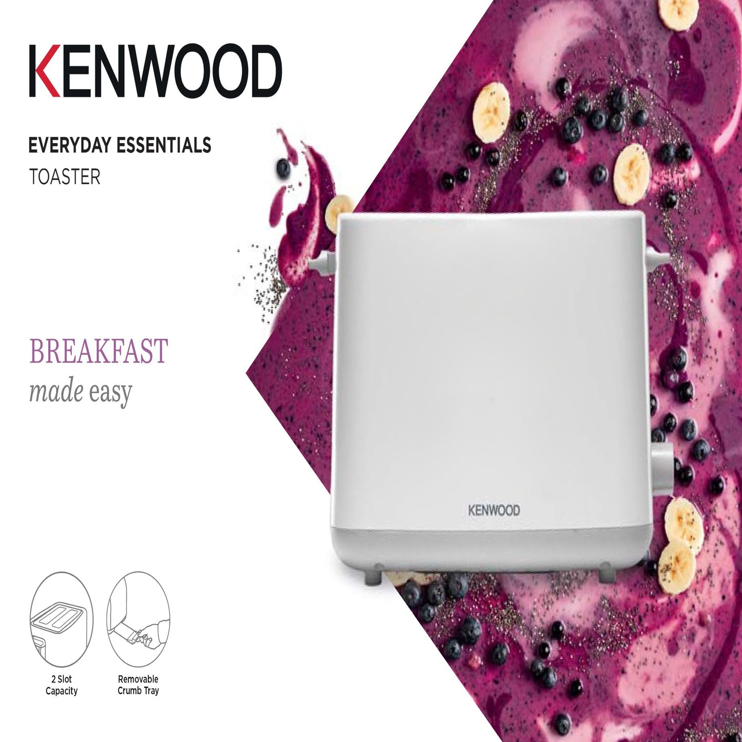 KENWOOD Toaster 2 Slice Bread Toaster with Integrated Bun Warmer, Adjustable Browning Control, Removable Crumb Tray for Easier Cleaning, Automatic Pop Up & Cancel Function TCP01.A0WH White