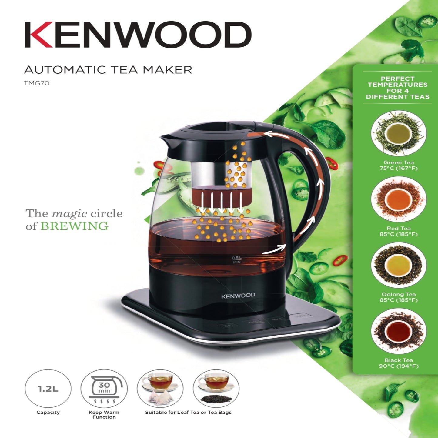 Kenwood 3-In-1 Automatic Tea Maker + Electric Glass Kettle + Drip Coffee Maker 1.2L For Home And Office Tmg70.000Cl Black/Clear
