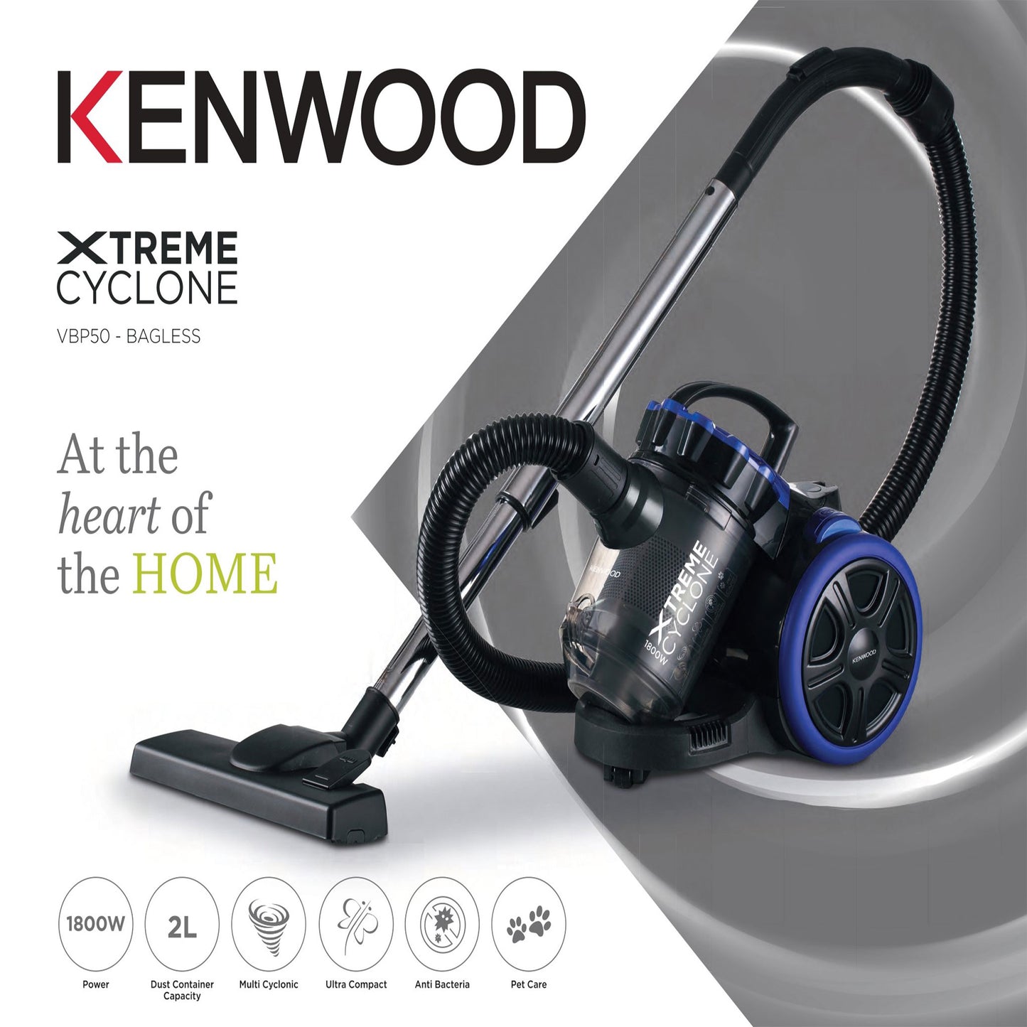 Kenwood Vacuum Cleaner 1800W Multi Cyclonic Bagless Canister 2L With 4.5M Cable, Ultra Compact, Surface, Anti Bacteria, Pet Care For Home & Office Vbp50.000Bb Black/Blue