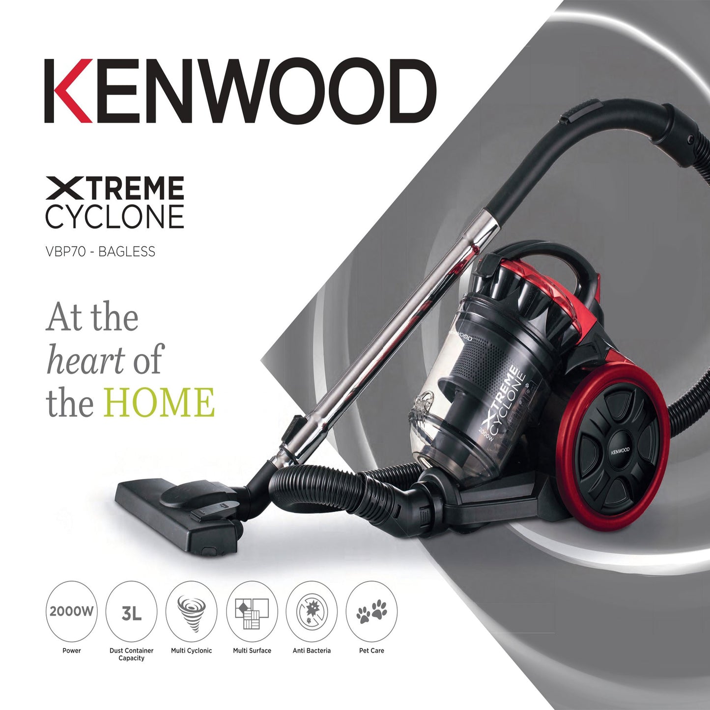 Kenwood Vacuum Cleaner 2000W Multi Cyclonic Bagless Canister Vacuum Cleaner 3L With 5M Cable, Multi Surface, Anti Bacteria, Pet Care For Home & Office Vbp70.000Br Black/Red