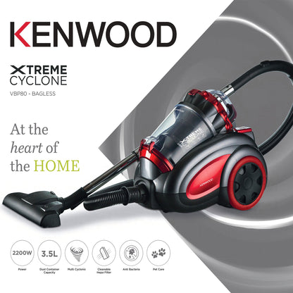 KENWOOD Vacuum Cleaner 2200W Multi Cyclonic Bagless Canister Vacuum Cleaner 3.5L with 5m Cable, Multi-Surface, Cleanable Hepa Filter, Anti Bacteria, Pet Care for Home & Office VBP80.000RG Grey/Red