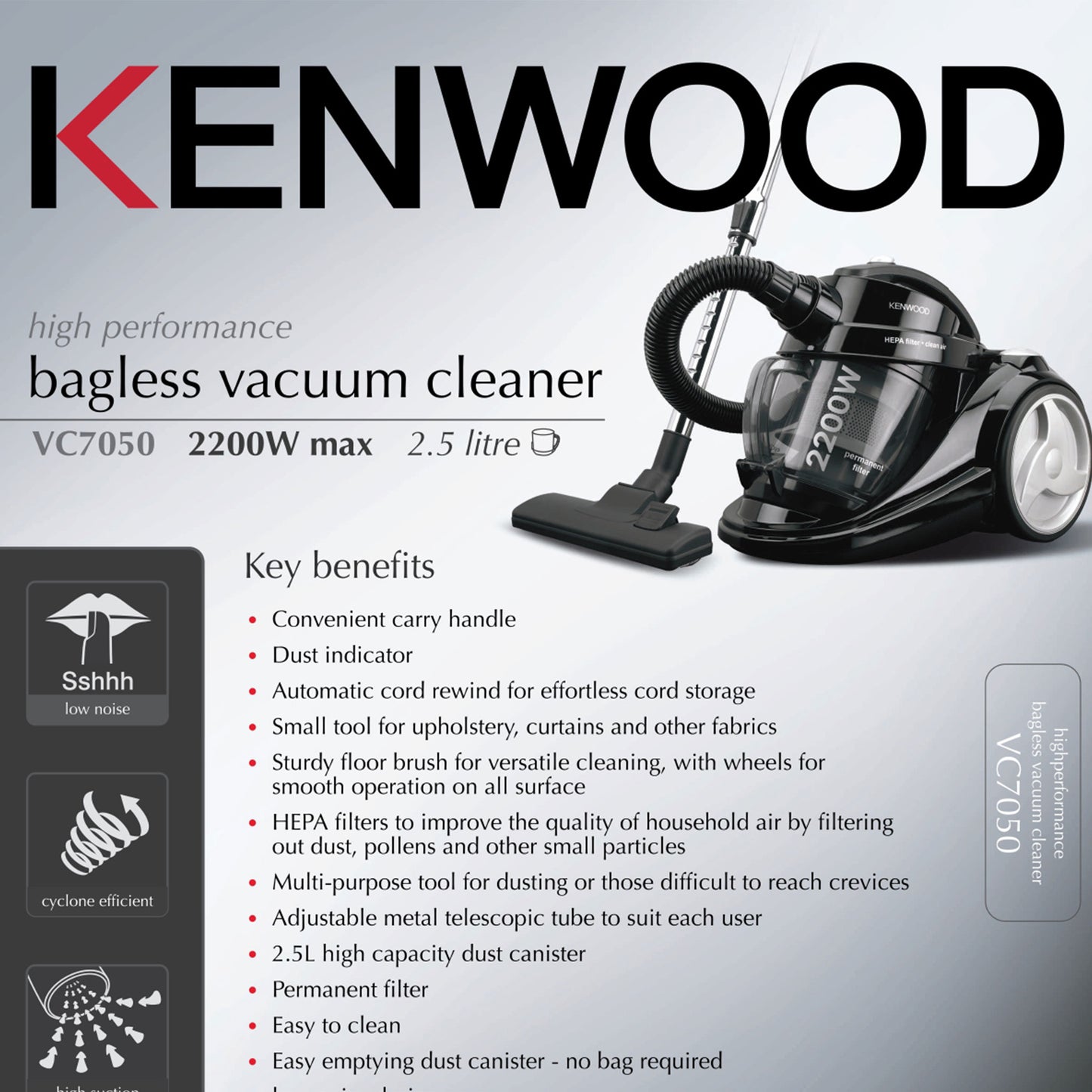 Kenwood Canister Vacuum Cleaner, Cyclonic With Hepa Filter, 2200Watts, VC7050, Black