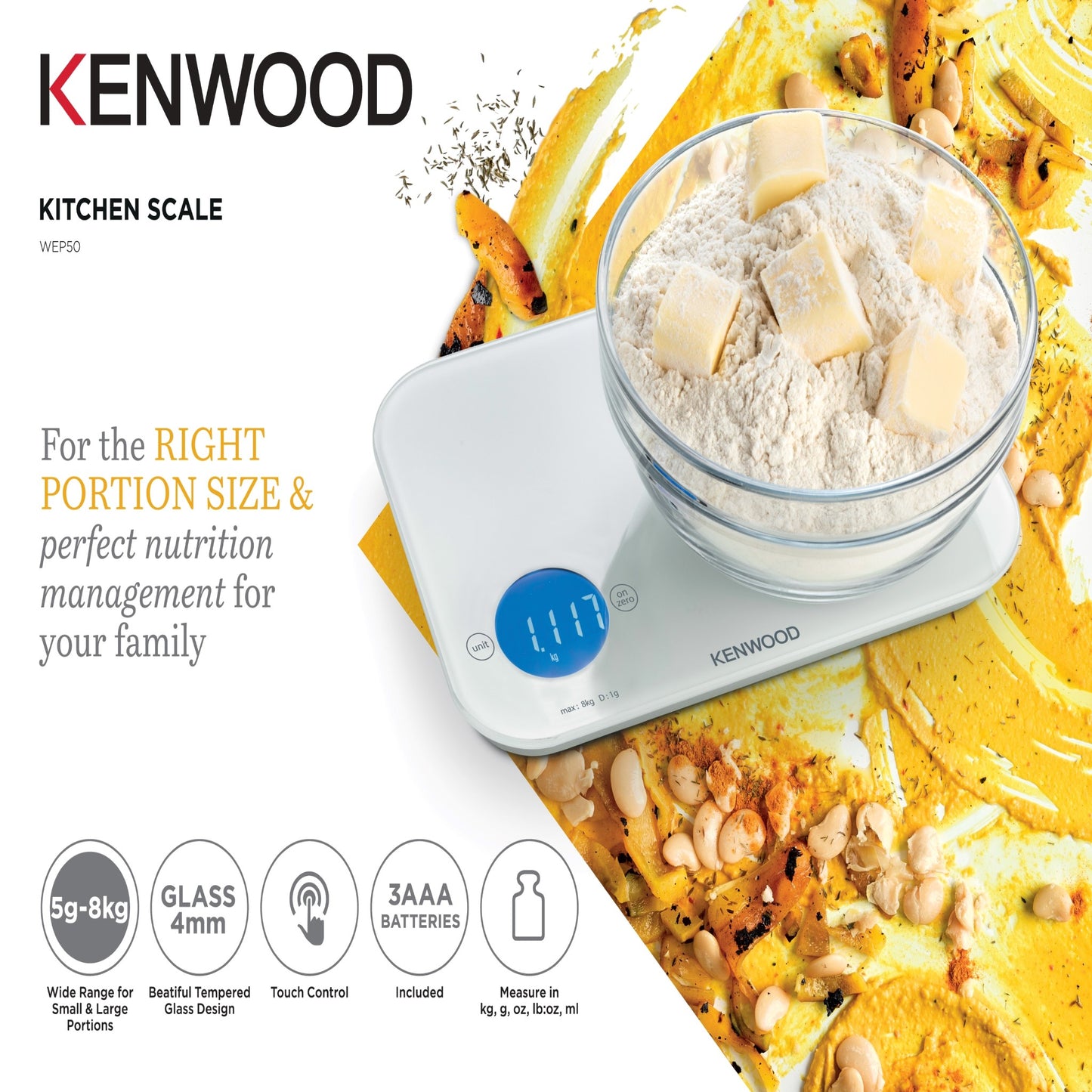 Kenwood Digital Kitchen Scale – 5 g to 8 kg Capacity | Black & White WEP50
