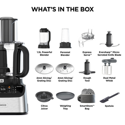 Kenwood MultiPro OneTouch Food Processor with Digital Scales, Powerful 1.5L Blender & Express Serve™ – 6 OneTouch™ Presets, Ice Crush Technology, EverSharp™ Blades, 3L Bowl – Brushed Metal FDM73.980SS