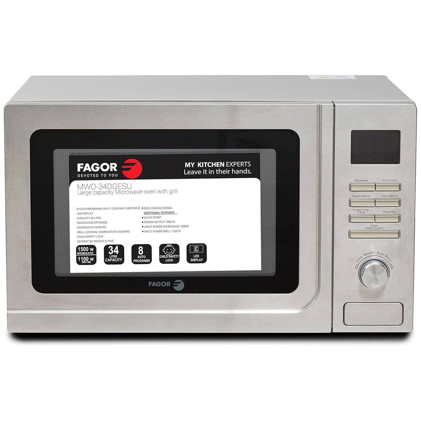 FAGOR Microwave With Grill Silver, 34 Liter Power Levels With Weight/Time Defrost Function+ Auto Reheat And Combination For Even Cooking & Heating MWO-34DGESU
