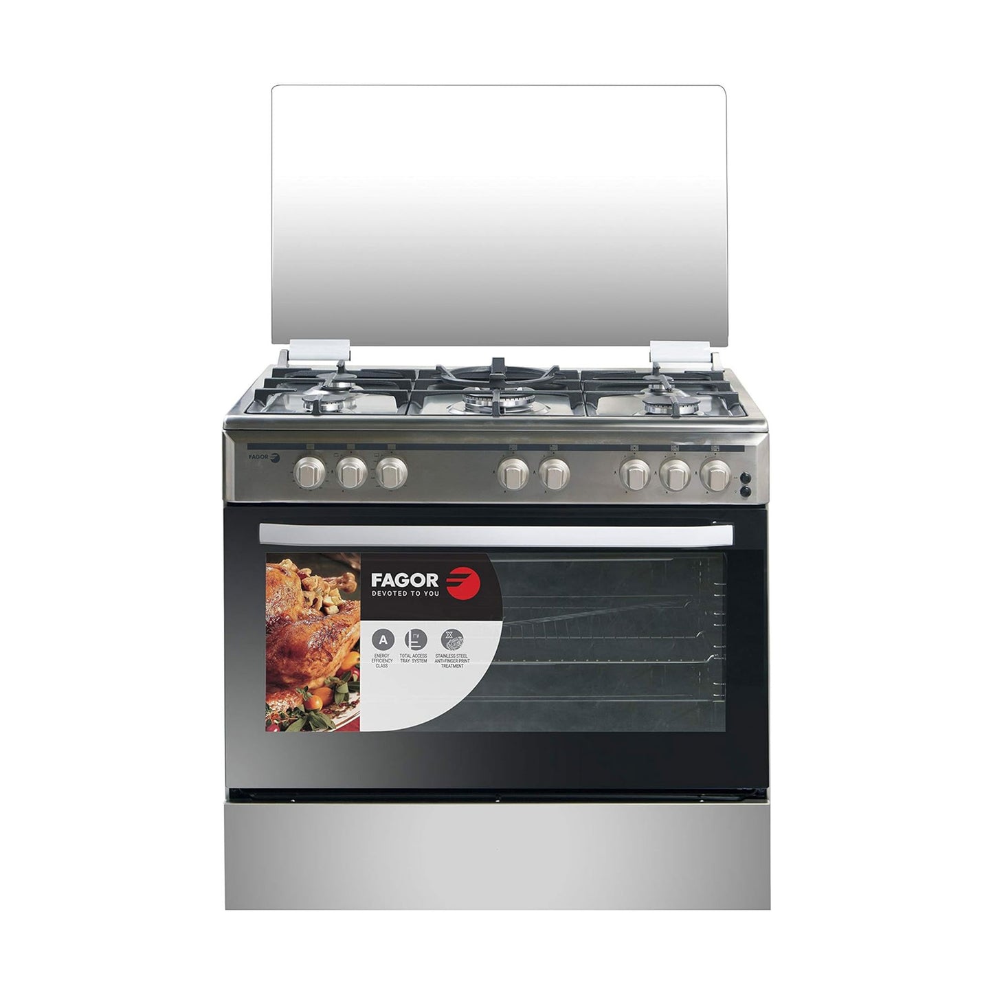 FAGOR Freestanding Gas Cooker 5-Burner Full-Safety, Steel Cooker, Gas Oven with Thermostat, Rotisserie, Automatic Ignition, Silver, 90 x 60cm 5CM95GXA
