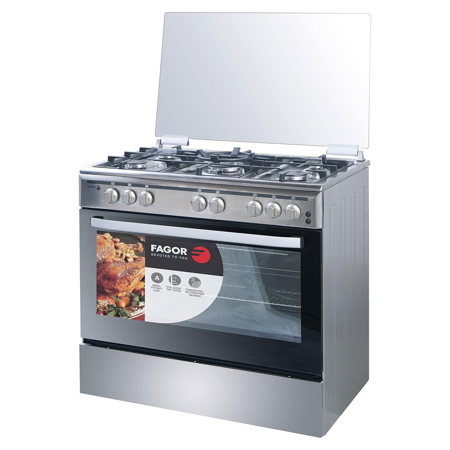 FAGOR Freestanding Gas Cooker 5-Burner Full-Safety, Steel Cooker, Gas Oven with Thermostat, Rotisserie, Automatic Ignition, Silver, 90 x 60cm 5CM95GXA